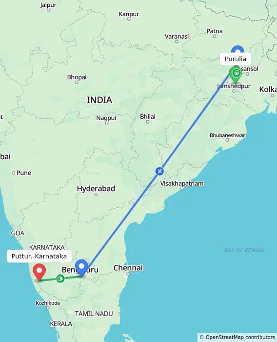 Route map showing distance and travel time from Purulia, India to Puttur, Karnataka, India
