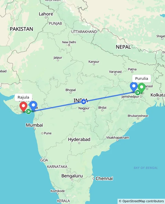 Route map showing distance and travel time from Purulia, India to Rajula, India