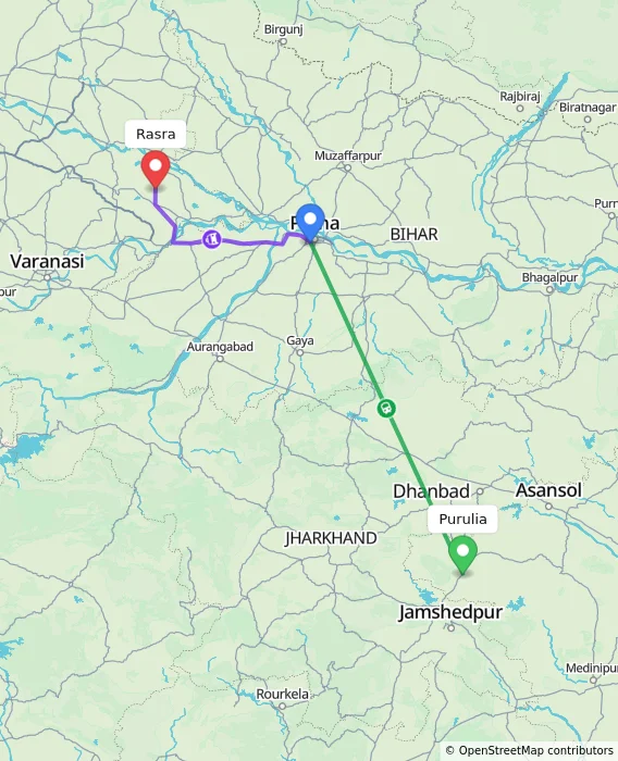 Route map showing distance and travel time from Purulia, India to Rasra, India