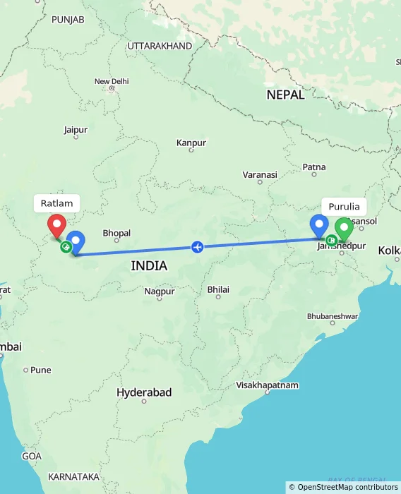Route map showing distance and travel time from Purulia, India to Ratlam, India