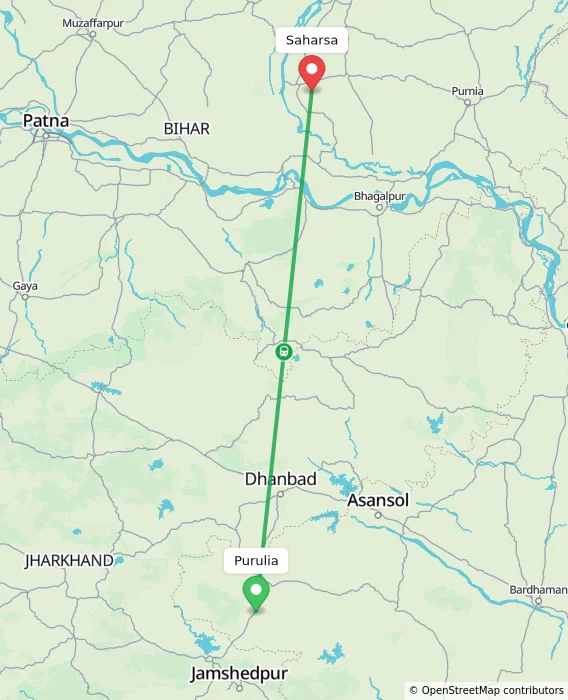 Route map showing distance and travel time from Purulia, India to Saharsa, India