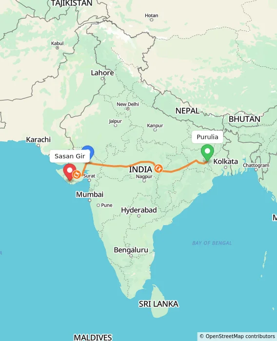 Route map showing distance and travel time from Purulia, India to Sasan Gir, India