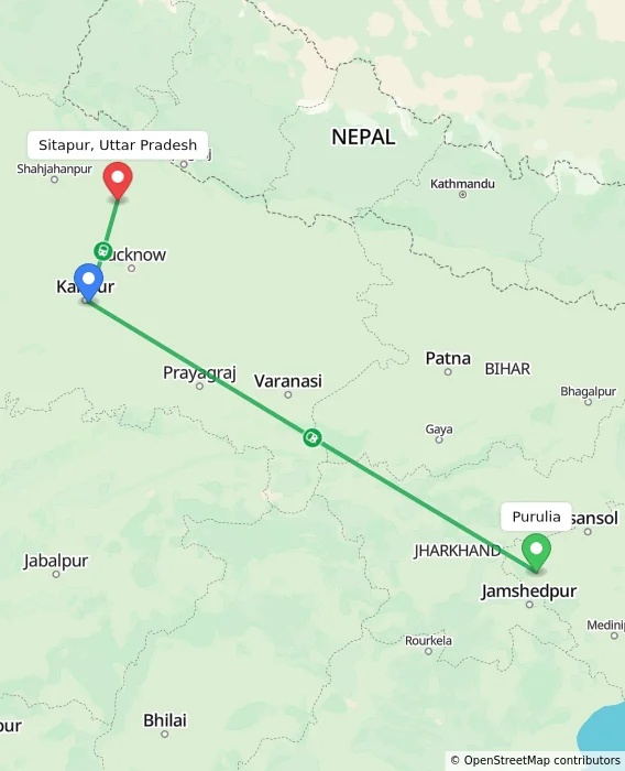 Route map showing distance and travel time from Purulia, India to Sitapur, Uttar Pradesh, India