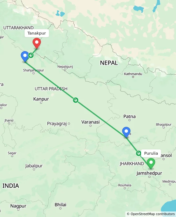 Route map showing distance and travel time from Purulia, India to Tanakpur, India