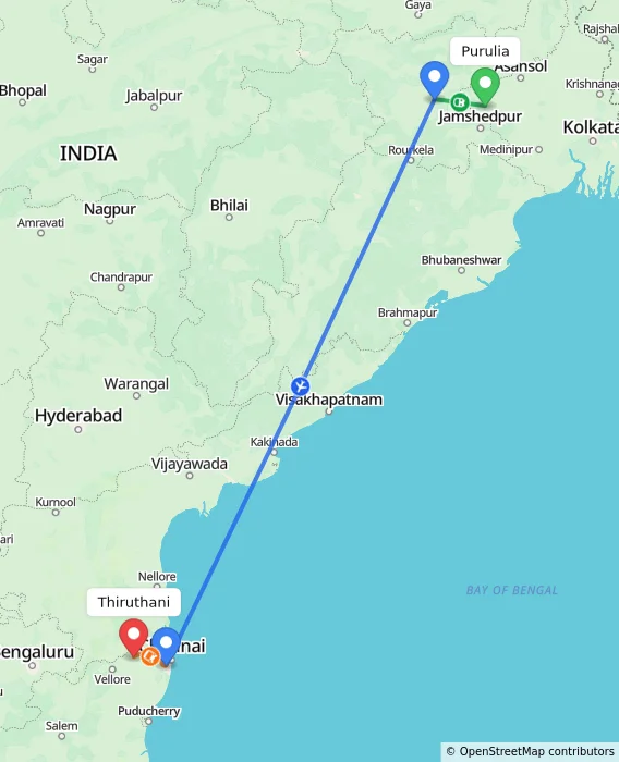 Route map showing distance and travel time from Purulia, India to Thiruthani, India