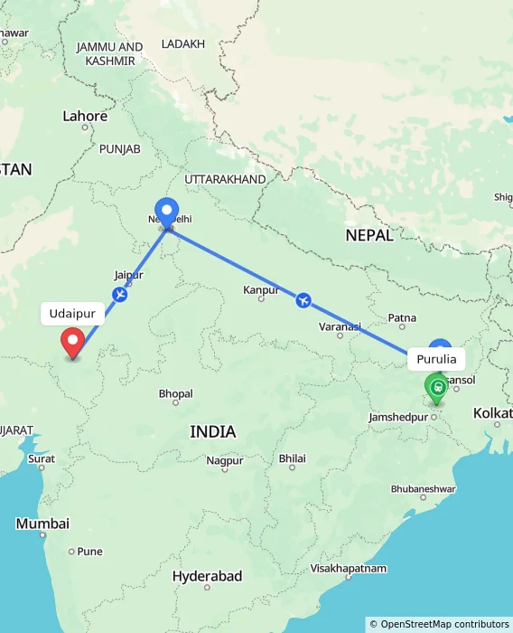 Route map showing distance and travel time from Purulia, India to Udaipur, India