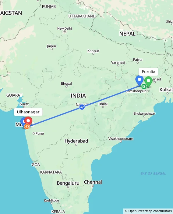 Route map showing distance and travel time from Purulia, India to Ulhasnagar, India