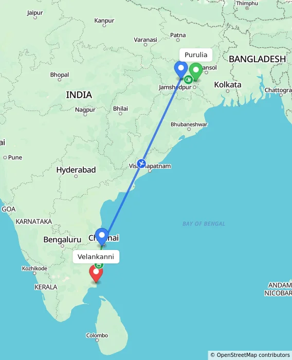 Route map showing distance and travel time from Purulia, India to Velankanni, India