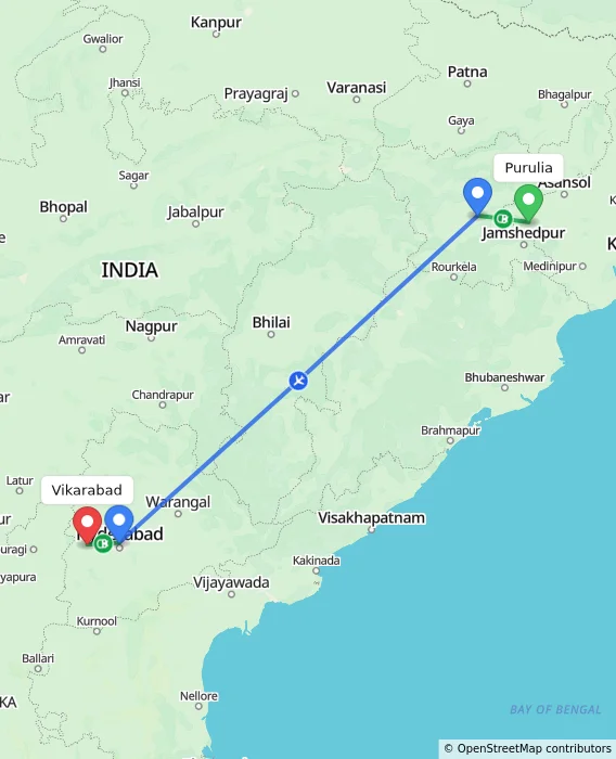 Route map showing distance and travel time from Purulia, India to Vikarabad, India