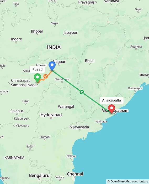 Route map showing distance and travel time from Pusad, India to Anakapalle, India