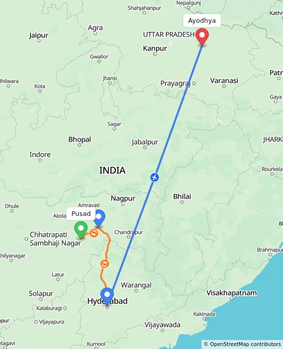 Route map showing distance and travel time from Pusad, India to Ayodhya, India