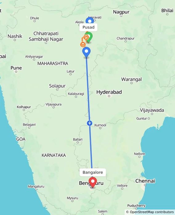Route map showing distance and travel time from Pusad, India to Bangalore, India