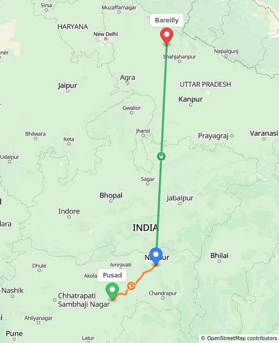 Route map showing distance and travel time from Pusad, India to Bareilly, India