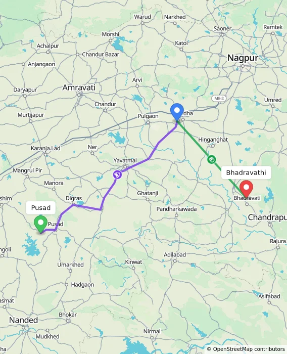 Route map showing distance and travel time from Pusad, India to Bhadravathi, India