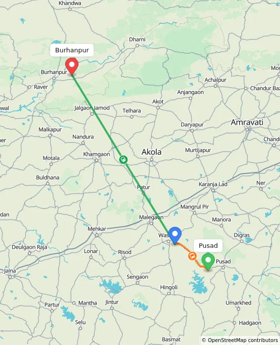 Route map showing distance and travel time from Pusad, India to Burhanpur, India