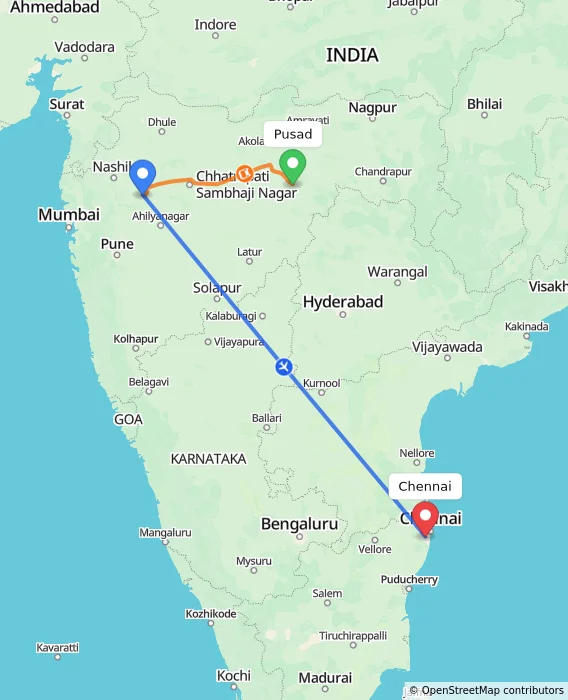 Route map showing distance and travel time from Pusad, India to Chennai, India