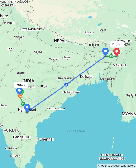 Route map showing distance and travel time from Pusad, India to Diphu, India