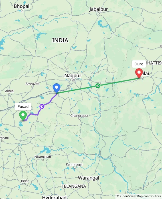 Route map showing distance and travel time from Pusad, India to Durg, India