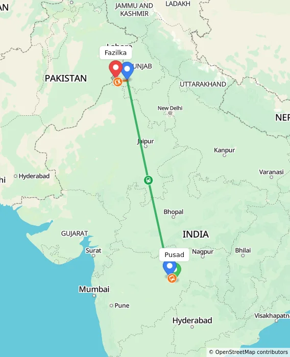 Route map showing distance and travel time from Pusad, India to Fazilka, India