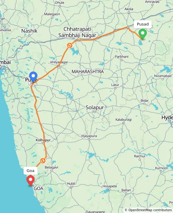 Route map showing distance and travel time from Pusad, India to Goa, India