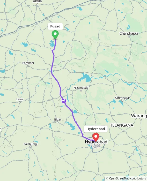Route map showing distance and travel time from Pusad, India to Hyderabad, India
