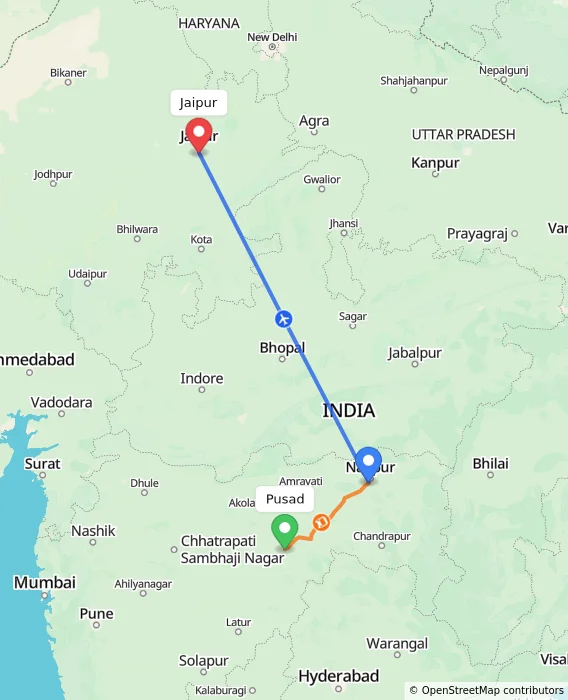 Route map showing distance and travel time from Pusad, India to Jaipur, India