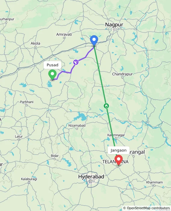 Route map showing distance and travel time from Pusad, India to Jangaon, India