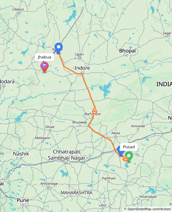 Route map showing distance and travel time from Pusad, India to Jhabua, India