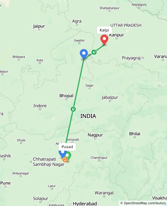 Route map showing distance and travel time from Pusad, India to Kalpi, India