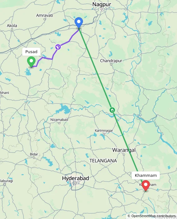 Route map showing distance and travel time from Pusad, India to Khammam, India