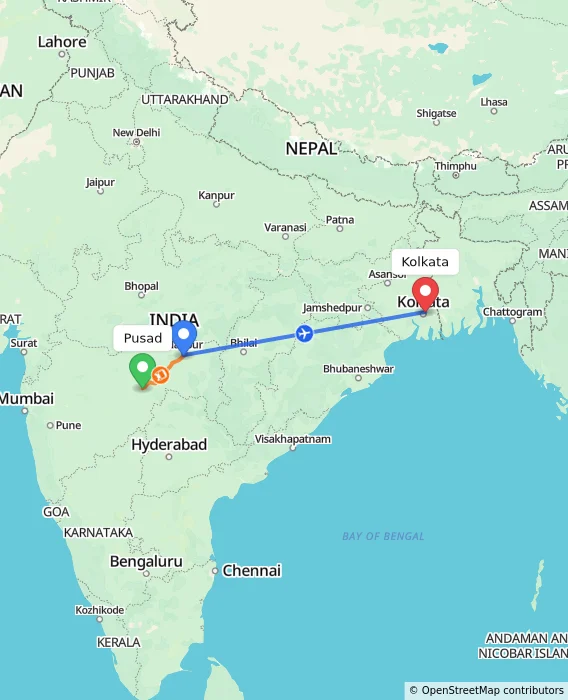 Route map showing distance and travel time from Pusad, India to Kolkata, India
