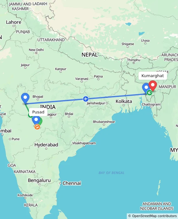 Route map showing distance and travel time from Pusad, India to Kumarghat, India