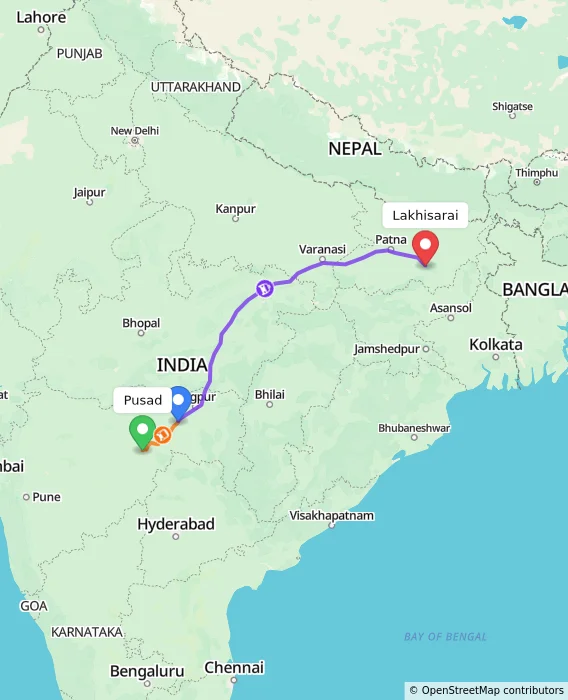 Route map showing distance and travel time from Pusad, India to Lakhisarai, India