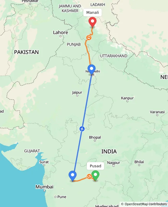 Route map showing distance and travel time from Pusad, India to Manali, India