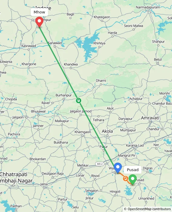 Route map showing distance and travel time from Pusad, India to Mhow, India