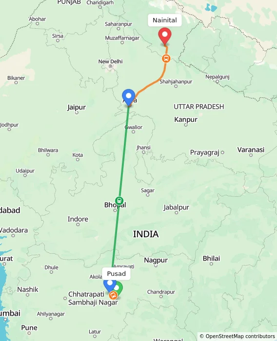 Route map showing distance and travel time from Pusad, India to Nainital, India