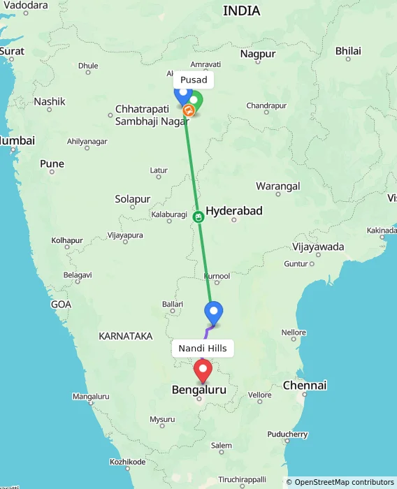 Route map showing distance and travel time from Pusad, India to Nandi Hills, India