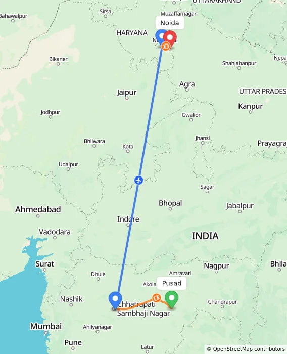 Route map showing distance and travel time from Pusad, India to Noida, India