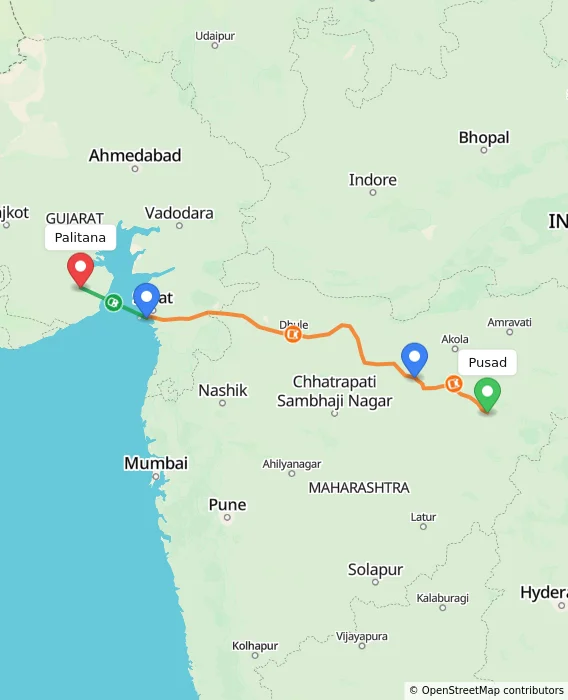 Route map showing distance and travel time from Pusad, India to Palitana, India