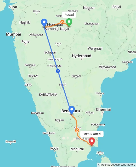 Route map showing distance and travel time from Pusad, India to Pattukkottai, India