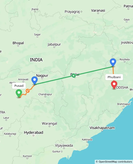 Route map showing distance and travel time from Pusad, India to Phulbani, India