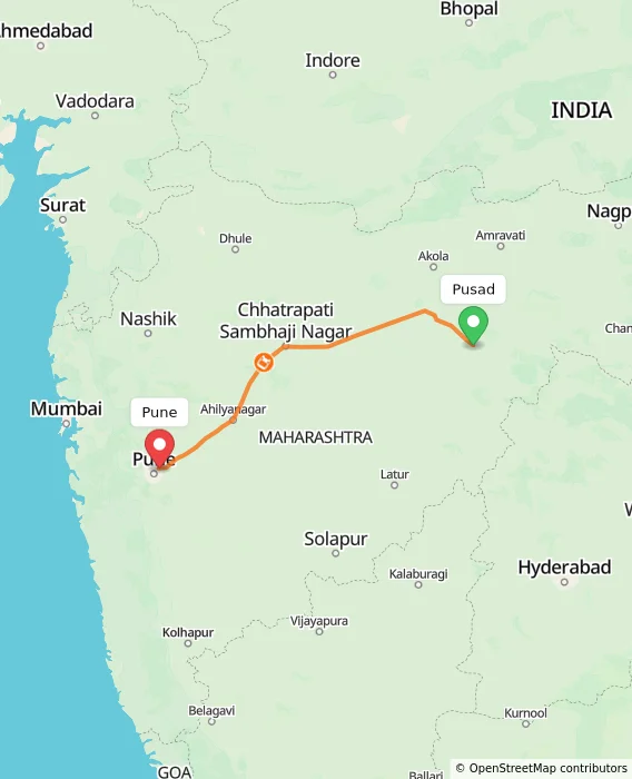 Route map showing distance and travel time from Pusad, India to Pune, India