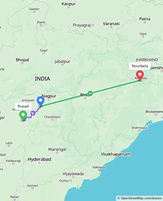 Route map showing distance and travel time from Pusad, India to Rourkela, India