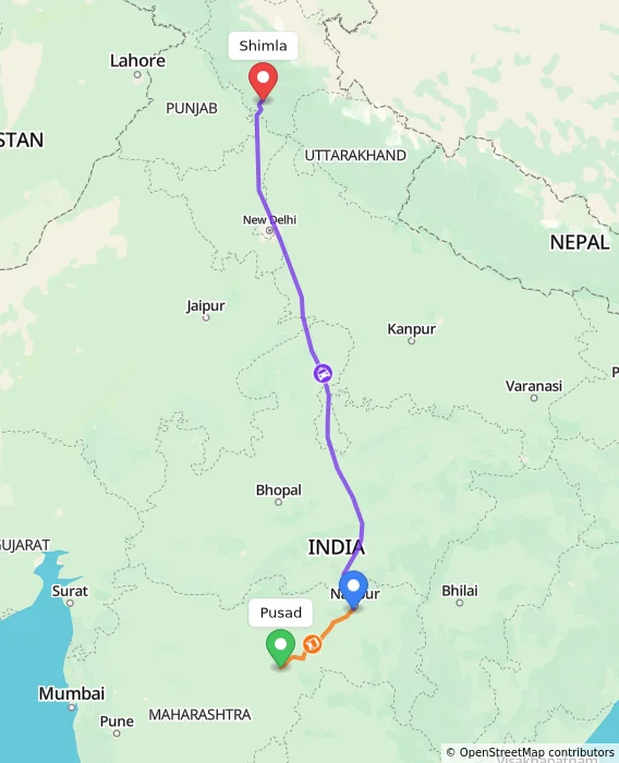 Route map showing distance and travel time from Pusad, India to Shimla, India