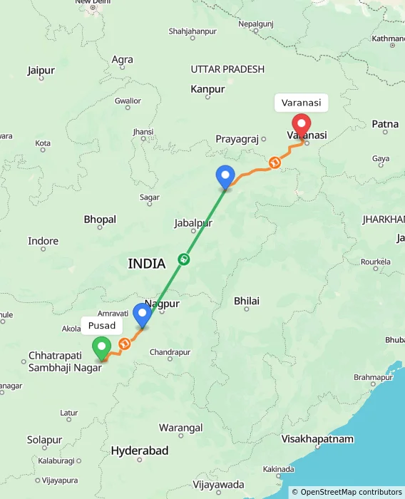 Route map showing distance and travel time from Pusad, India to Varanasi, India