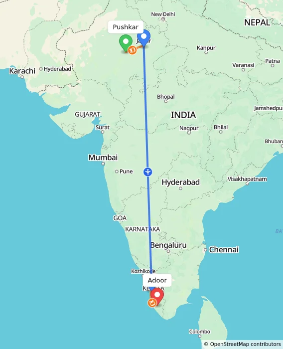 Route map showing distance and travel time from Pushkar, India to Adoor, India