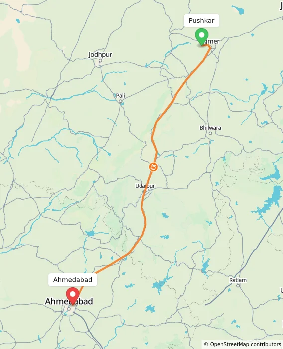 Route map showing distance and travel time from Pushkar, India to Ahmedabad, India