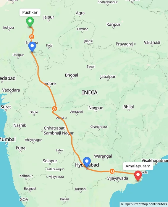 Route map showing distance and travel time from Pushkar, India to Amalapuram, India
