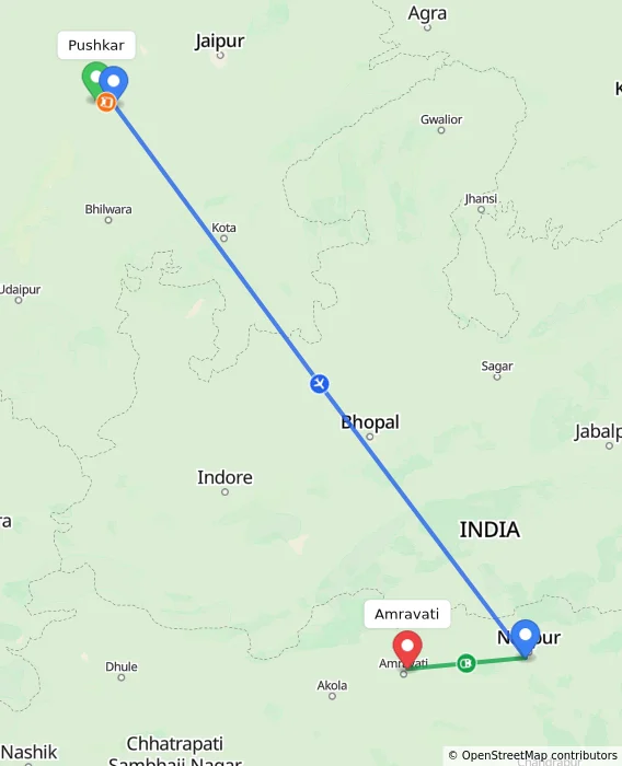 Route map showing distance and travel time from Pushkar, India to Amravati, India