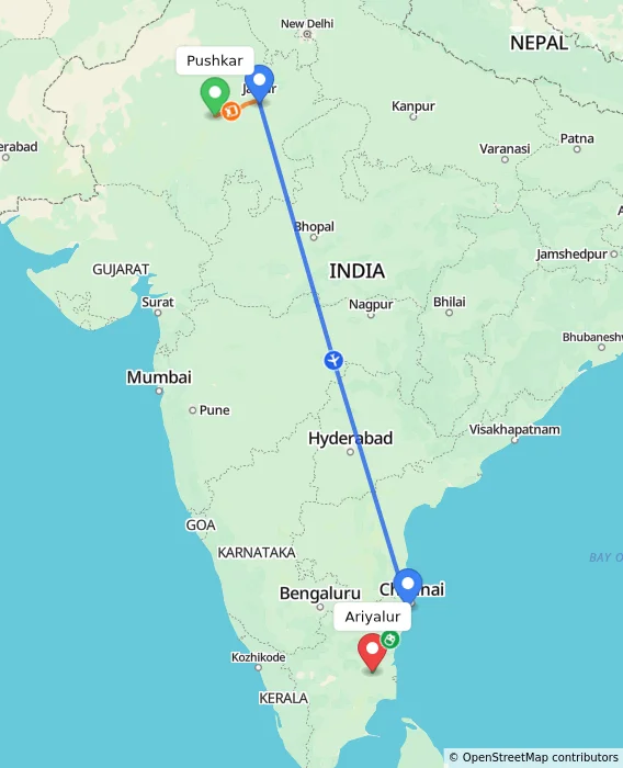 Route map showing distance and travel time from Pushkar, India to Ariyalur, India
